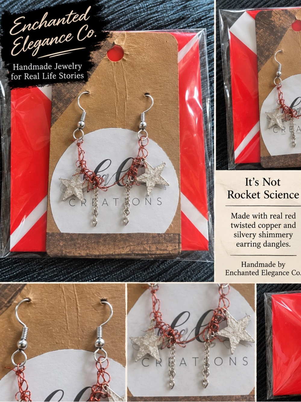 NWT Hand Crafted Red Copper & Silver Star Dangle Earrings